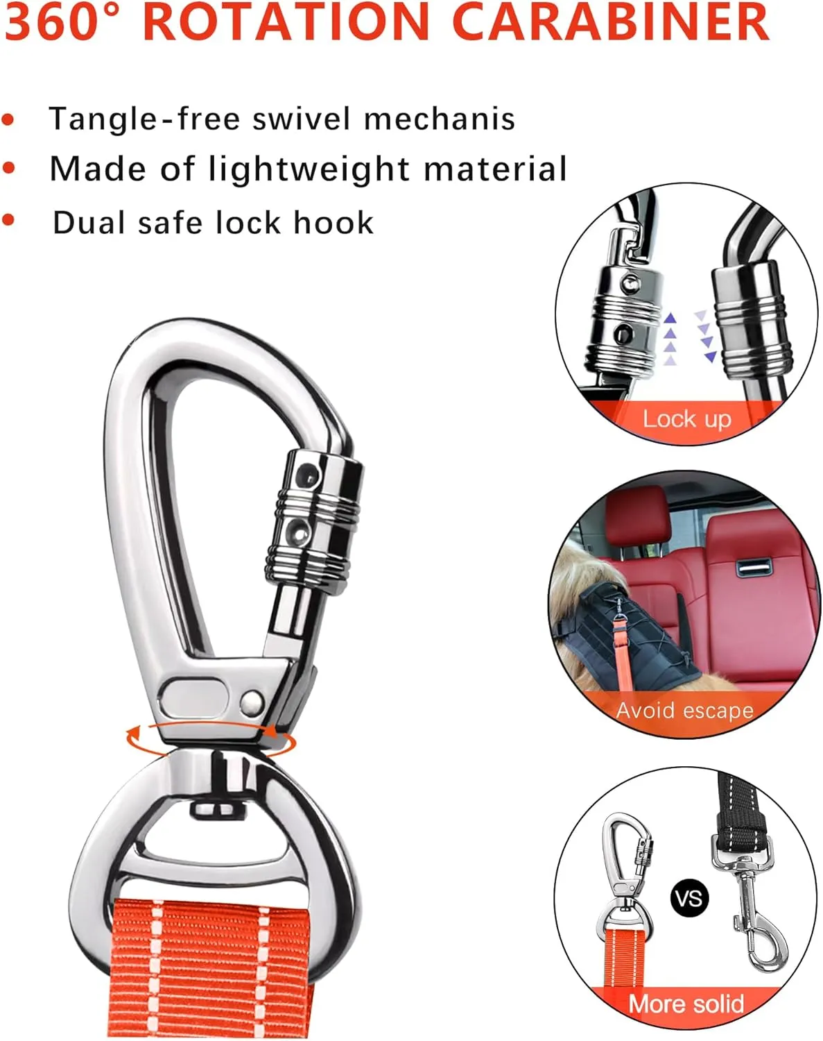 AUBELL Dog Seat Belt for Car,2 Pack Set 3-in-1 Adjustable Reflective Bungee Heavy Duty Dog Car Harness Tether with Clip Hook Latch & Buckle,Swivel Zinc Alloy Carabiner,Black Orange