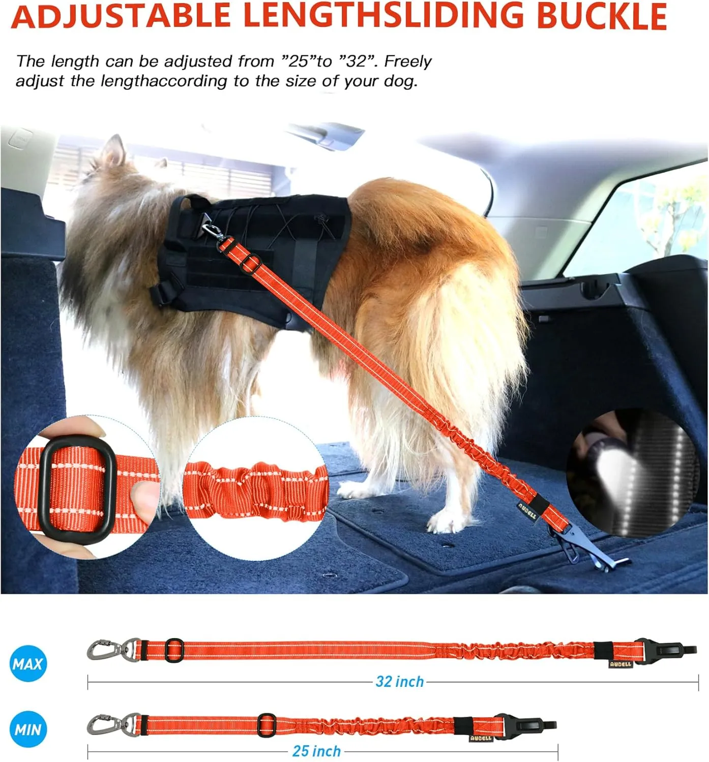 AUBELL Dog Seat Belt for Car,2 Pack Set 3-in-1 Adjustable Reflective Bungee Heavy Duty Dog Car Harness Tether with Clip Hook Latch & Buckle,Swivel Zinc Alloy Carabiner,Black Orange