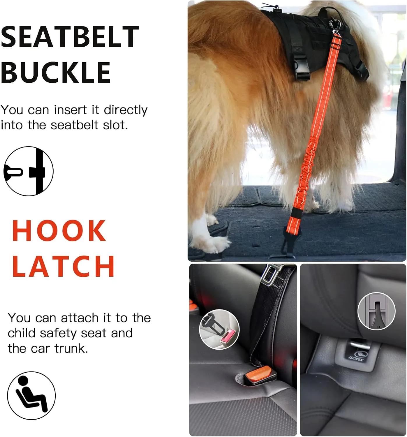 AUBELL Dog Seat Belt for Car,2 Pack Set 3-in-1 Adjustable Reflective Bungee Heavy Duty Dog Car Harness Tether with Clip Hook Latch & Buckle,Swivel Zinc Alloy Carabiner,Black Orange