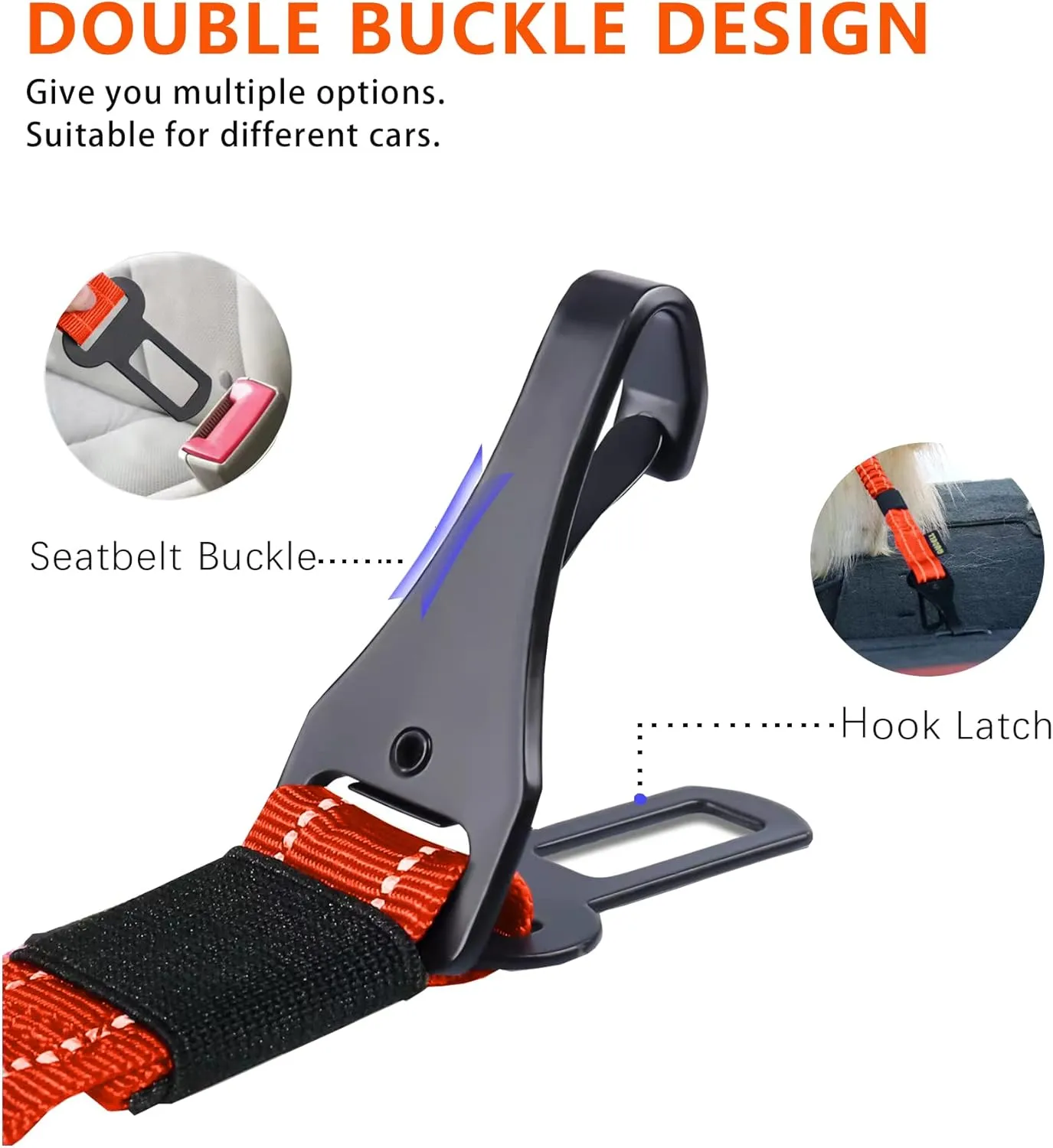 AUBELL Dog Seat Belt for Car,2 Pack Set 3-in-1 Adjustable Reflective Bungee Heavy Duty Dog Car Harness Tether with Clip Hook Latch & Buckle,Swivel Zinc Alloy Carabiner,Black Orange
