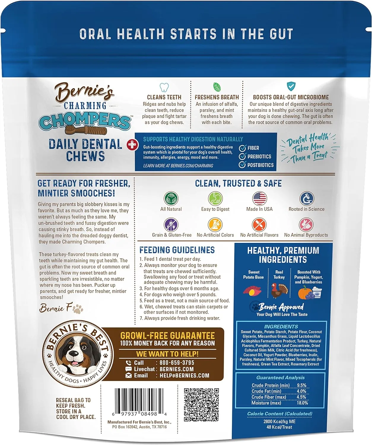 Bernie's Charming Chompers - Daily Dental Chews for Dogs 15-25 Lbs. - 30 Count - Cleans Teeth, Freshens Breath,   Boosts Oral-Gut Microbiome. Easy to Digest, Supports Healthy Digestion Naturally