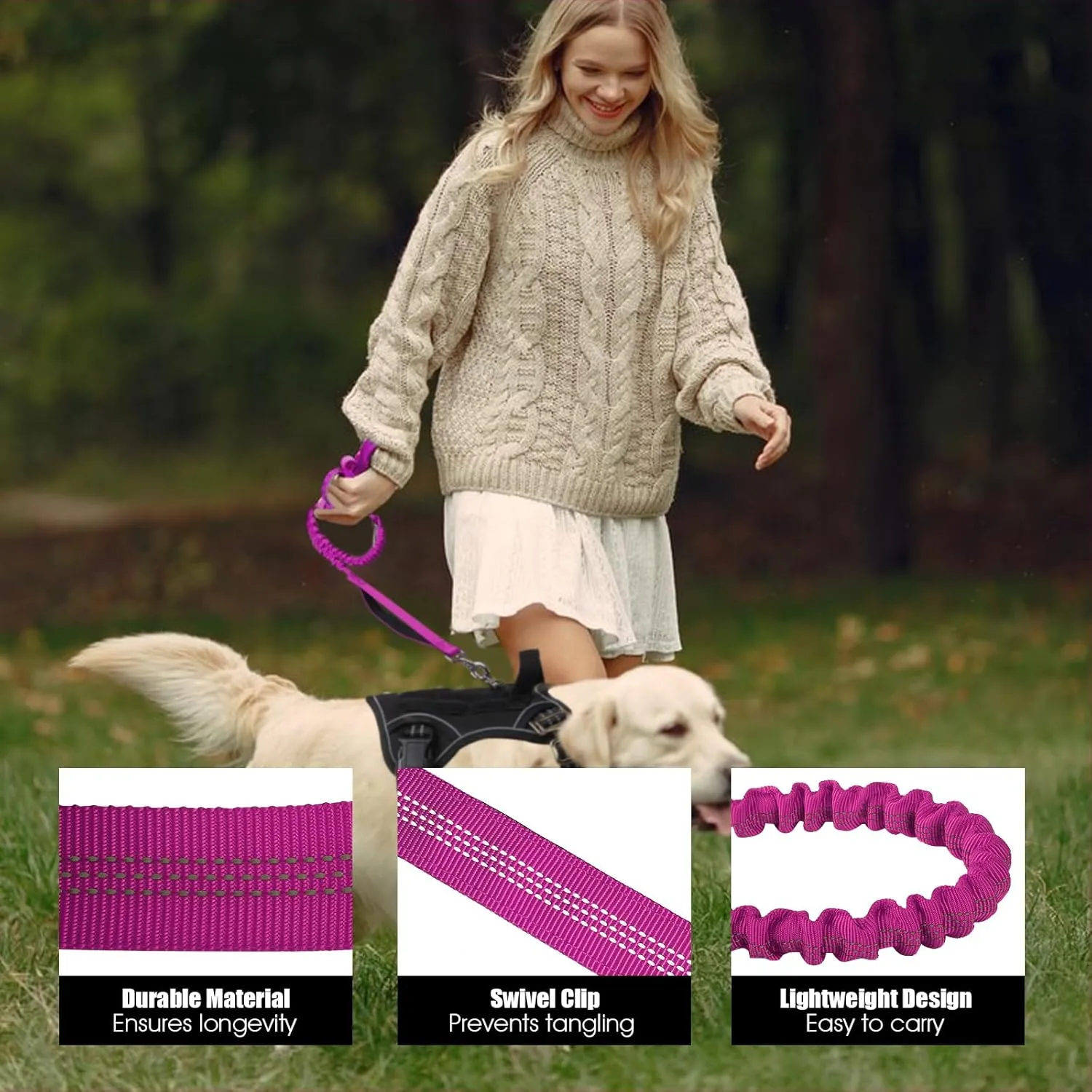 BUMBIN 6Ft Dog Leash - Large & Medium Dogs, Bungee Leash with 2 Handles, No Pull Shock Absorbing, Pink