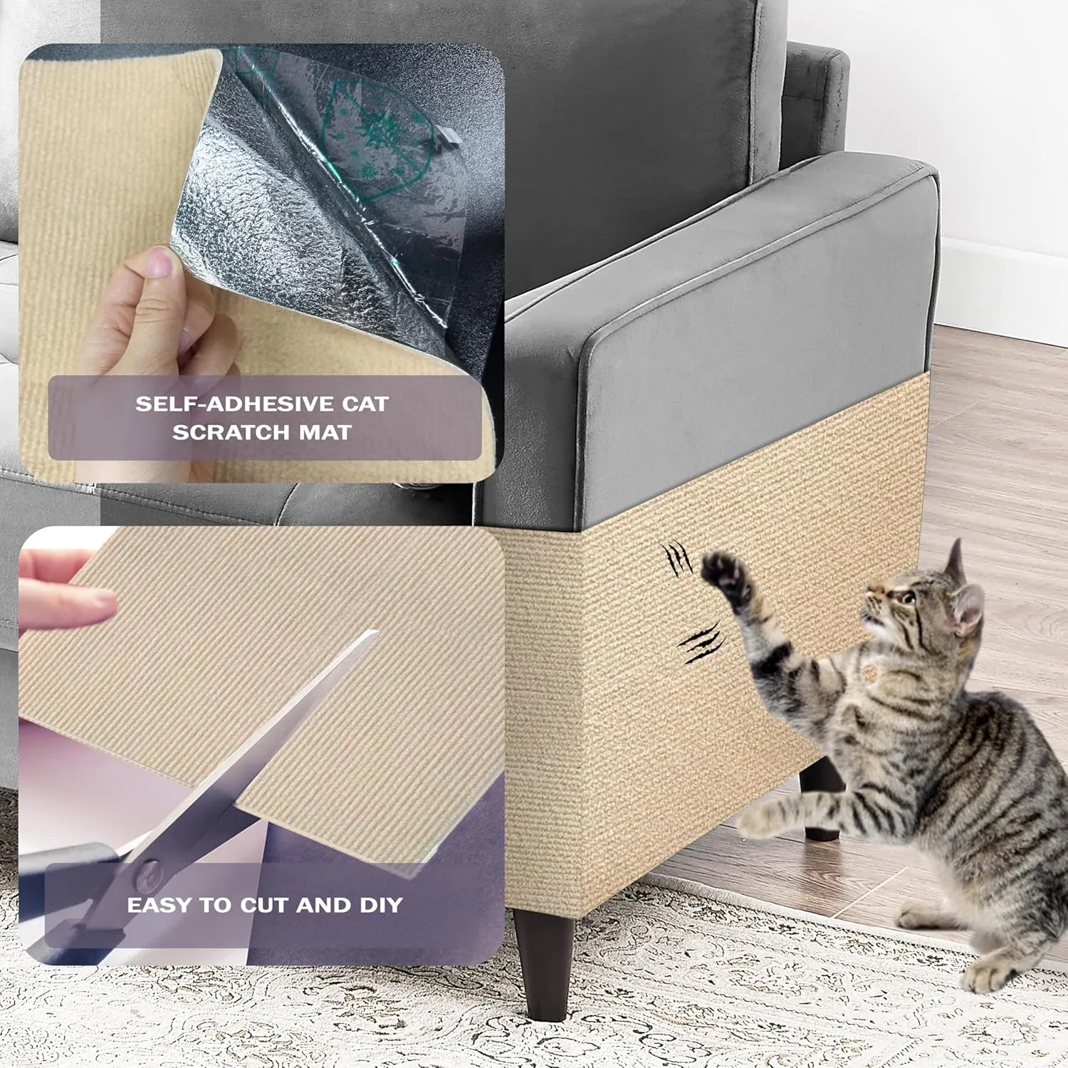 Cat Scratch Furniture Protector for Indoor Cats - Self-Adhesive Trimmable Scratching Pad 78.7x15.8in with Removable Tape & Spiral Nails(Beige)