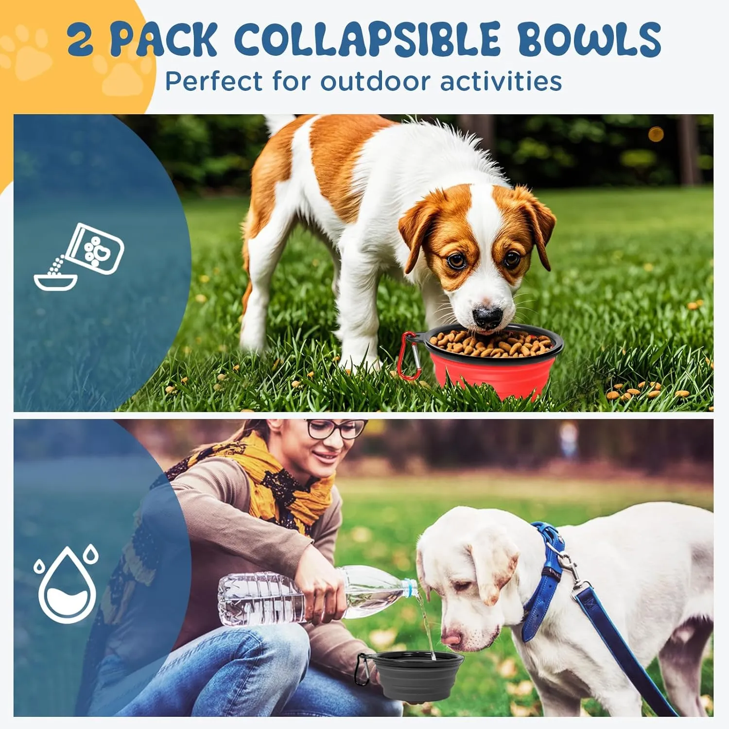 Collapsible Dog Bowls, 2 Pack 11oz Portable Travel Dog Bowls, Foldable Water Bowl for Dogs Cats, Pet Feeding Watering Dish with Carabiner, Food Grade Silicone BPA Free(Red Black, Small)