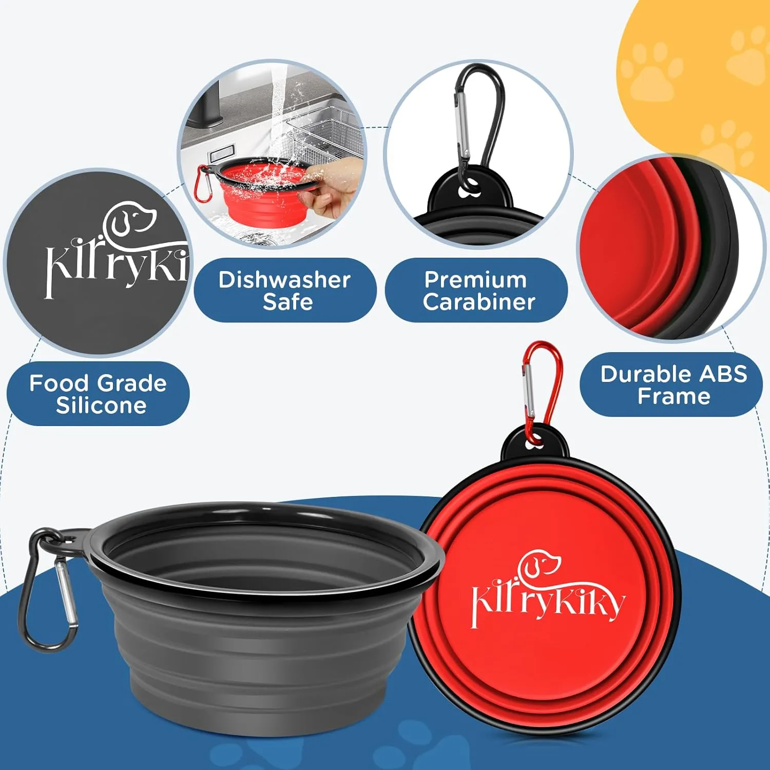 Collapsible Dog Bowls, 2 Pack 11oz Portable Travel Dog Bowls, Foldable Water Bowl for Dogs Cats, Pet Feeding Watering Dish with Carabiner, Food Grade Silicone BPA Free(Red Black, Small)