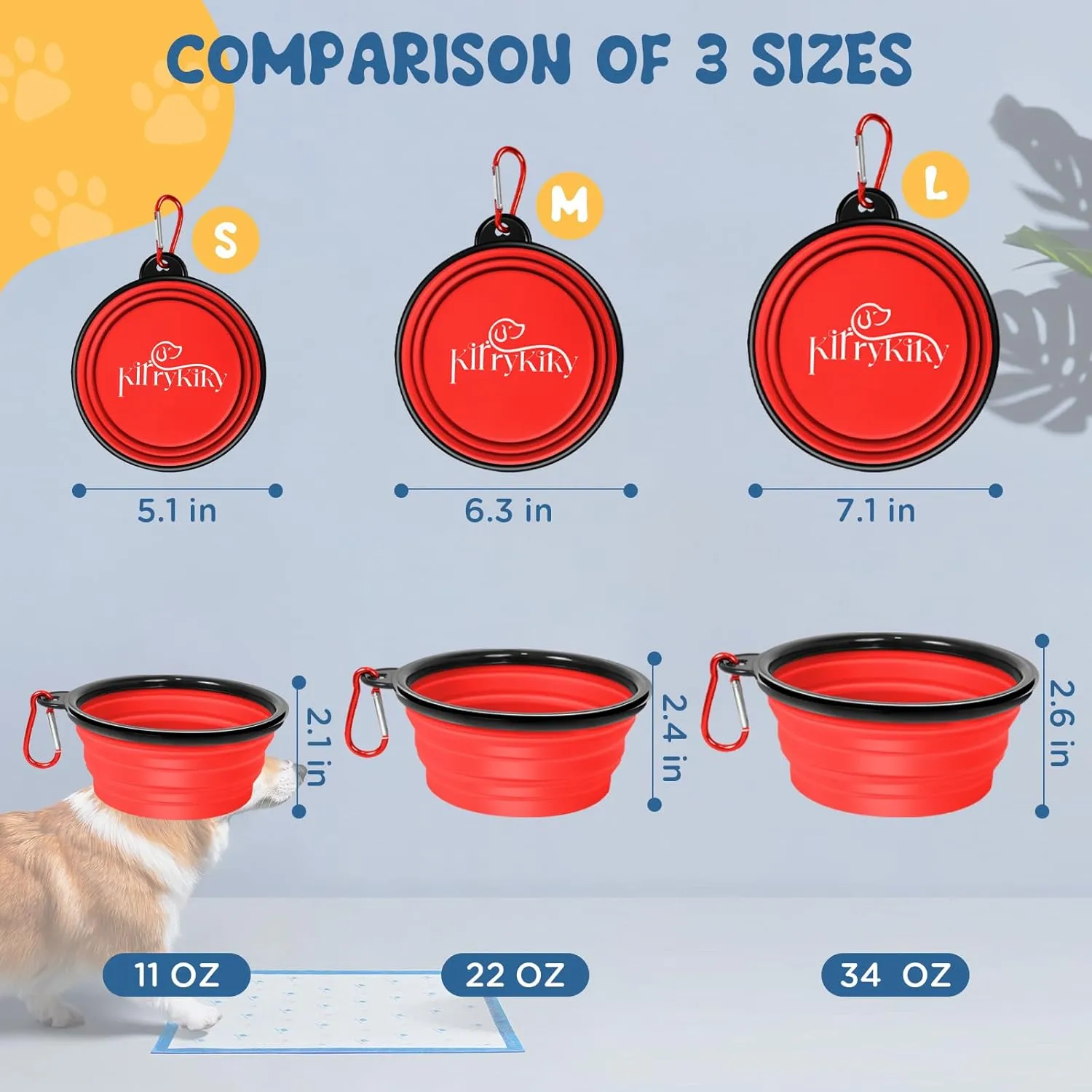 Collapsible Dog Bowls, 2 Pack 11oz Portable Travel Dog Bowls, Foldable Water Bowl for Dogs Cats, Pet Feeding Watering Dish with Carabiner, Food Grade Silicone BPA Free(Red Black, Small)
