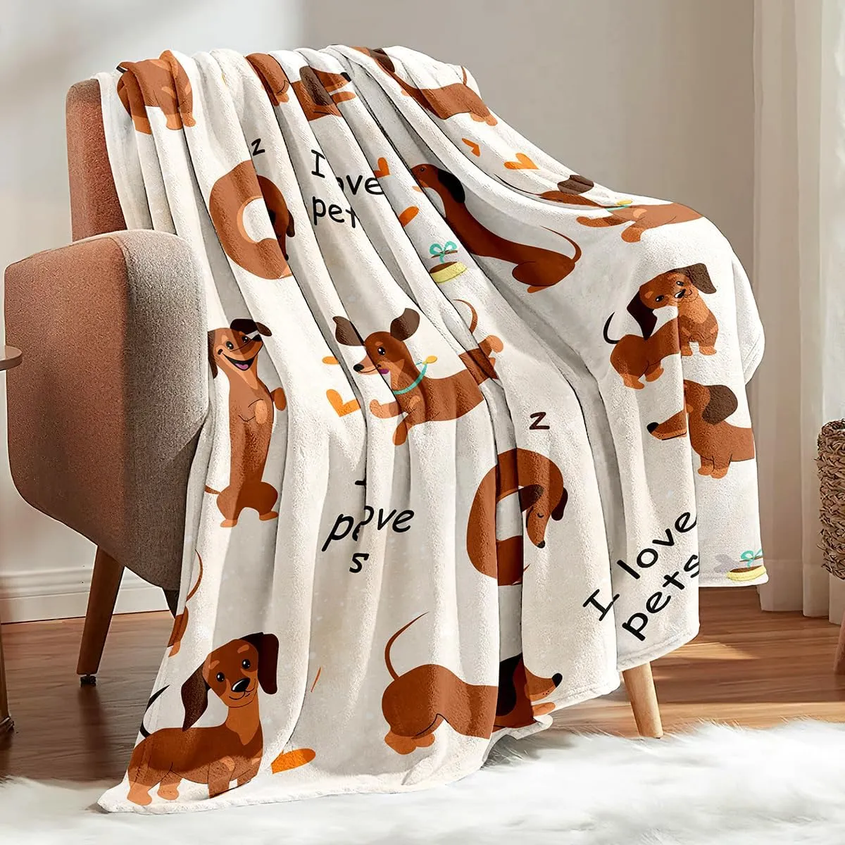 Dachshund Blanket, Wiener Dogs Throw Blanket, I Love Pets Soft Flannel Stuffed Dachshunds Blankets Gifts for Women (Dachshund 6, 47"x 60")
