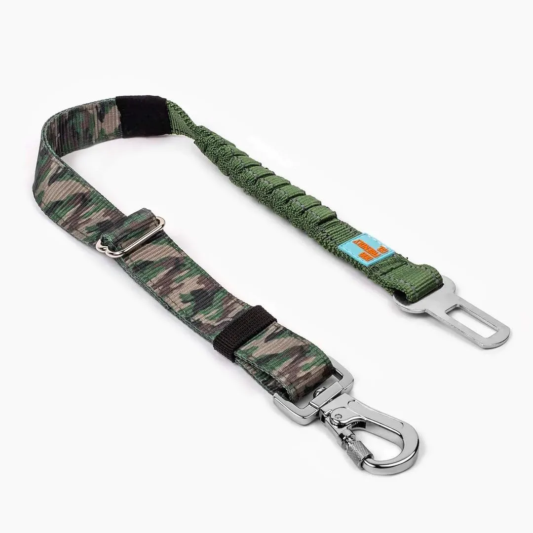 DF Co. Dog Seat Belt | Safe and Comfortable Dog Transportation | Adjustable Length, Anti-Shock Bungee, Universal Heavy Duty Clips | Green Camo