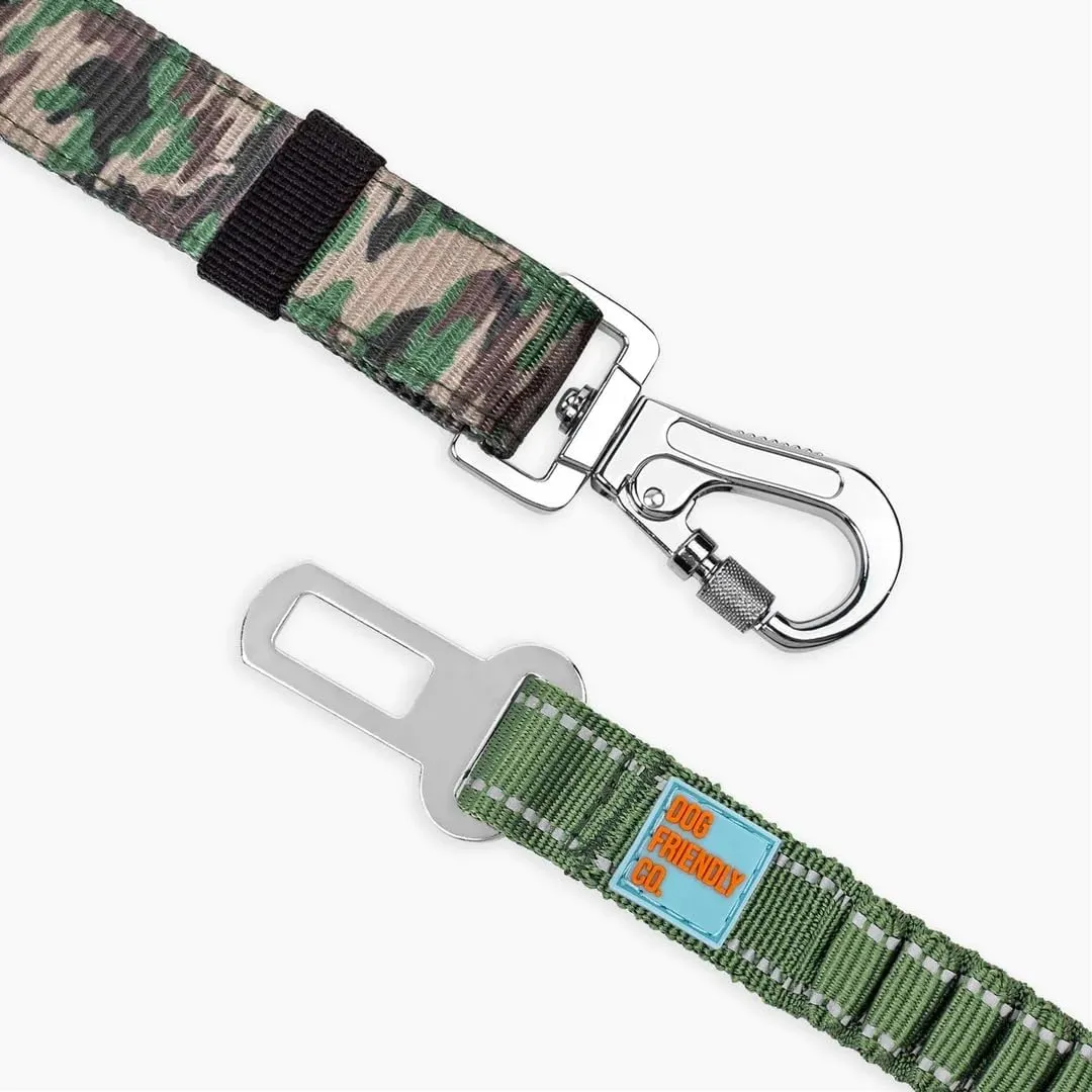 DF Co. Dog Seat Belt | Safe and Comfortable Dog Transportation | Adjustable Length, Anti-Shock Bungee, Universal Heavy Duty Clips | Green Camo