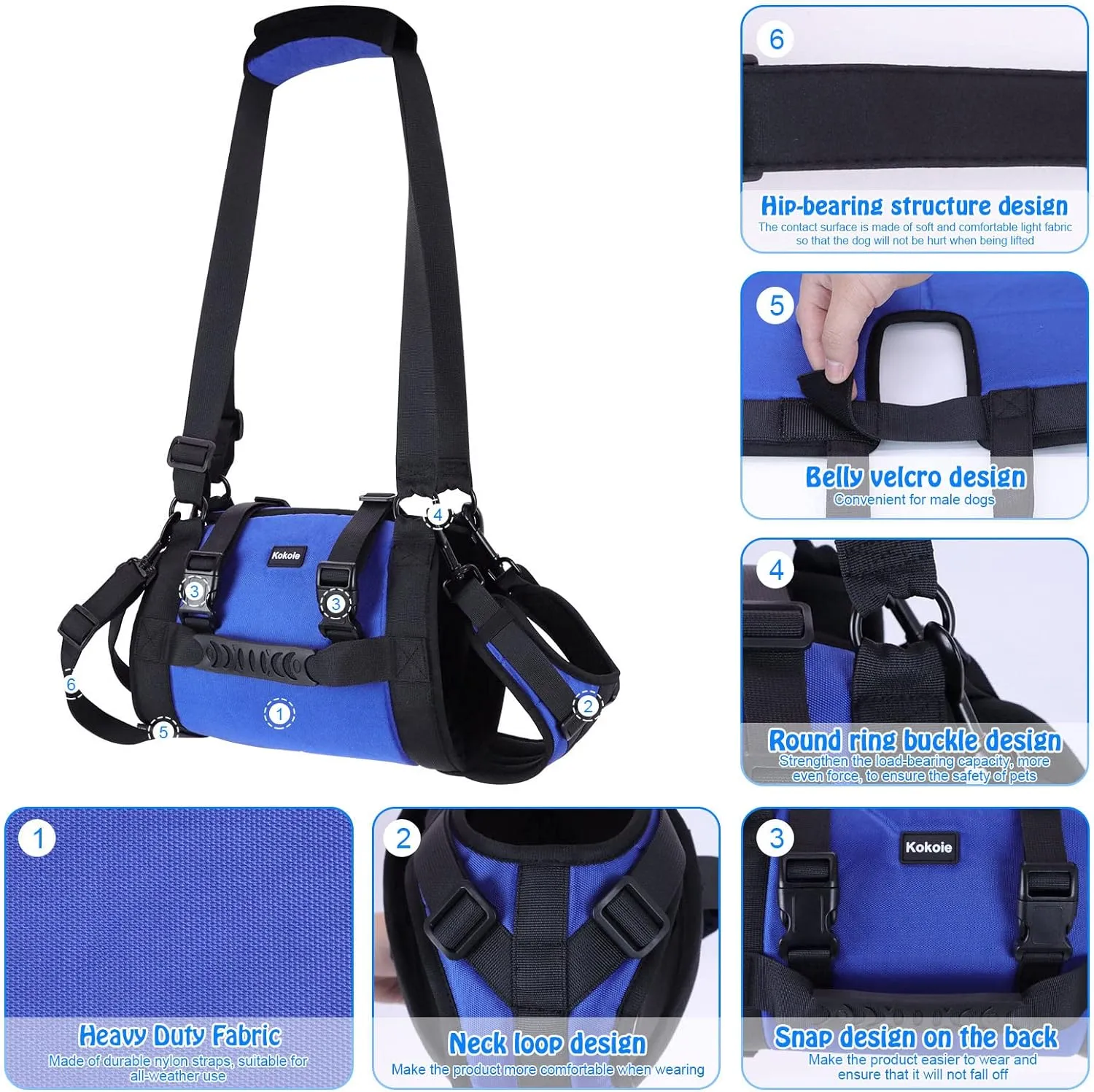 Dog Carry Sling, Emergency Backpack Pet Legs Support & Rehabilitation Dog Lift Harness for Large Dogs, Dog Carrier for Senior Dogs Joint Injuries, Arthritis, Up and Down Stairs (Blue, XL)