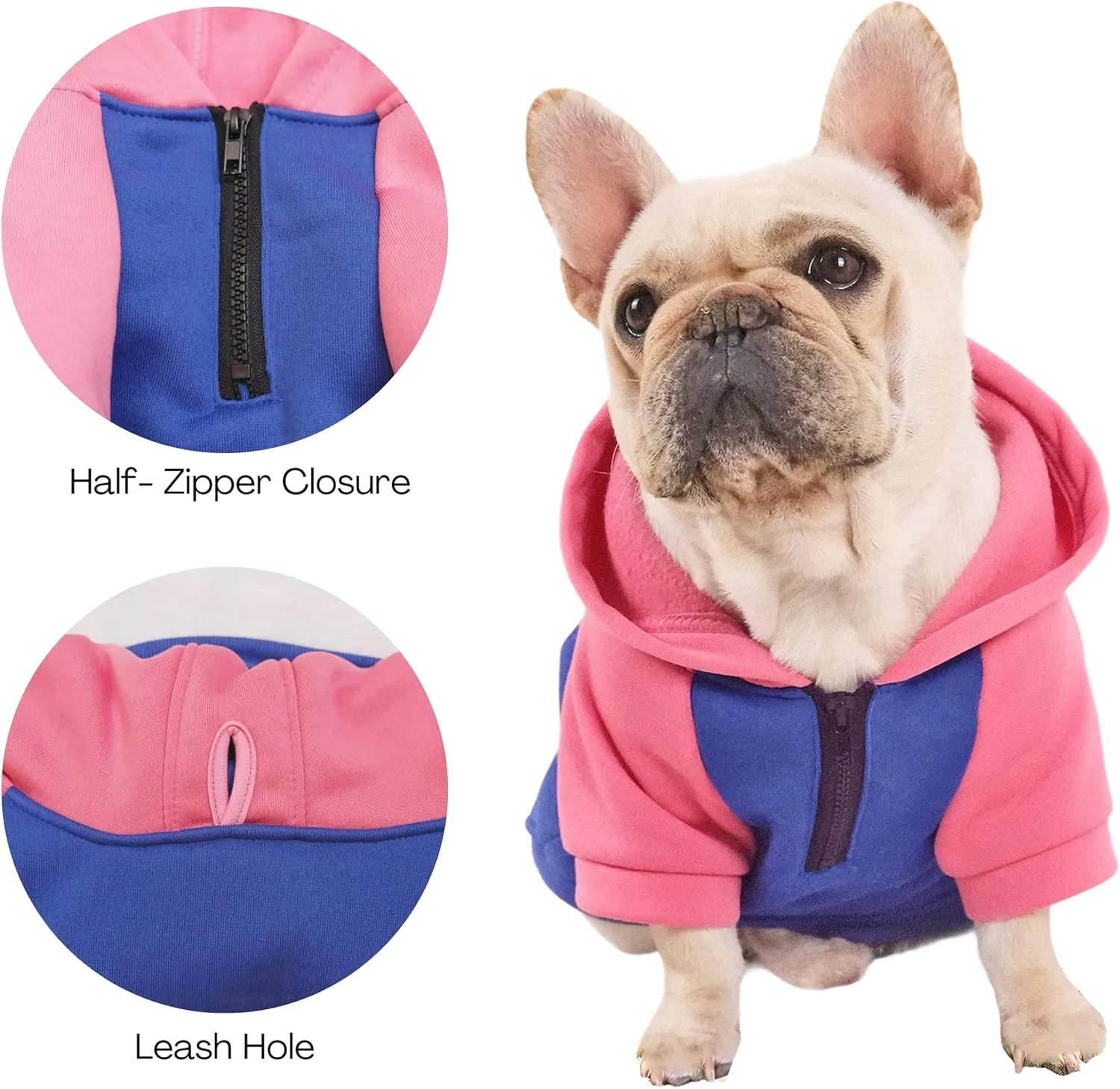 Dog Fleece Sweater Frenchie Clothes French Bulldog Sweater, Frenchie Dog Hoodie Sweatshirt Halloween Costume Winter Coat for Medium Dogs and Cats,Color Blocked,Pink,XL