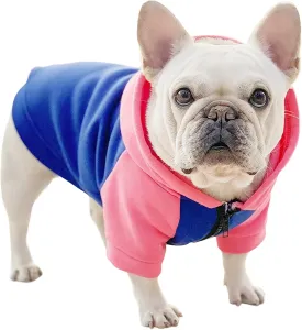 Dog Fleece Sweater Frenchie Clothes French Bulldog Sweater, Frenchie Dog Hoodie Sweatshirt Halloween Costume Winter Coat for Medium Dogs and Cats,Color Blocked,Pink,XL