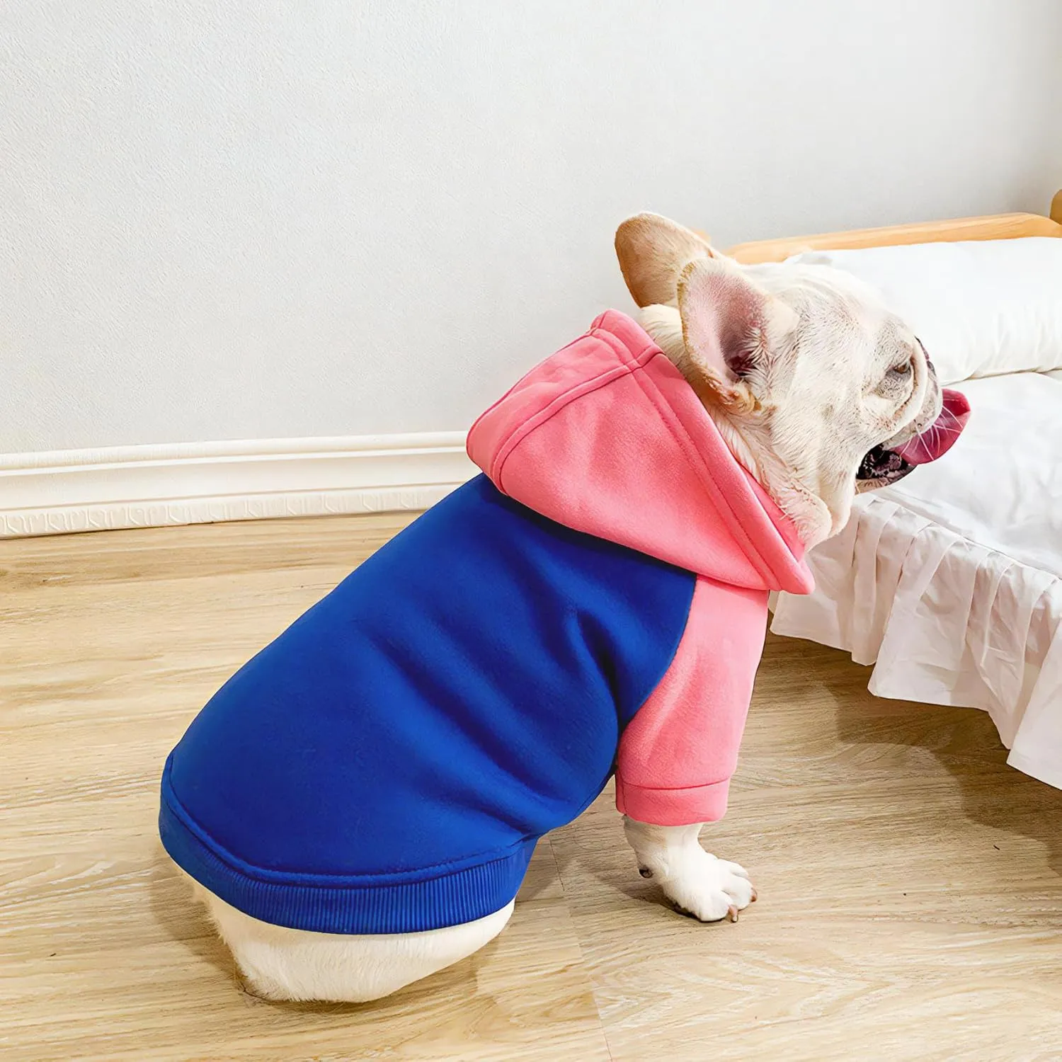 Dog Fleece Sweater Frenchie Clothes French Bulldog Sweater, Frenchie Dog Hoodie Sweatshirt Halloween Costume Winter Coat for Medium Dogs and Cats,Color Blocked,Pink,XL