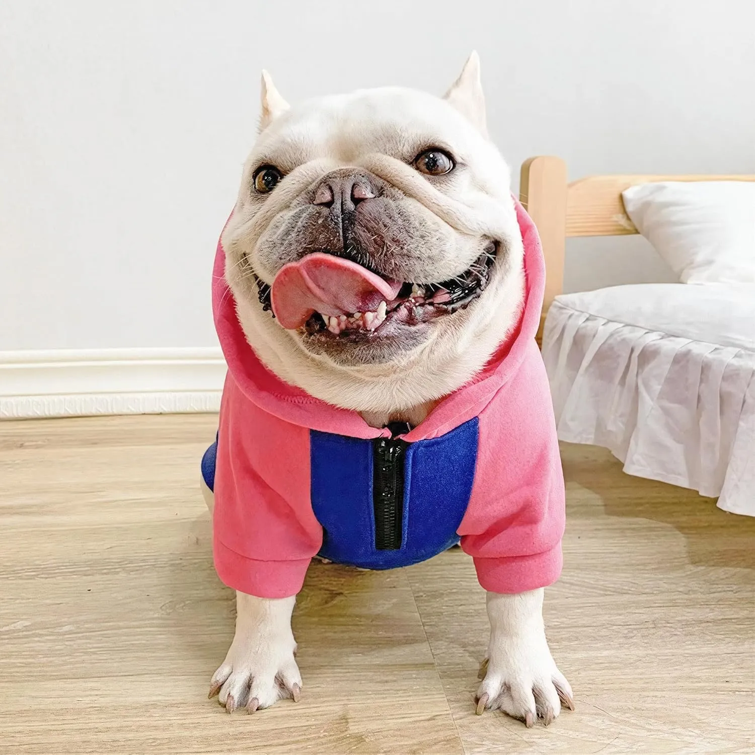 Dog Fleece Sweater Frenchie Clothes French Bulldog Sweater, Frenchie Dog Hoodie Sweatshirt Halloween Costume Winter Coat for Medium Dogs and Cats,Color Blocked,Pink,XL