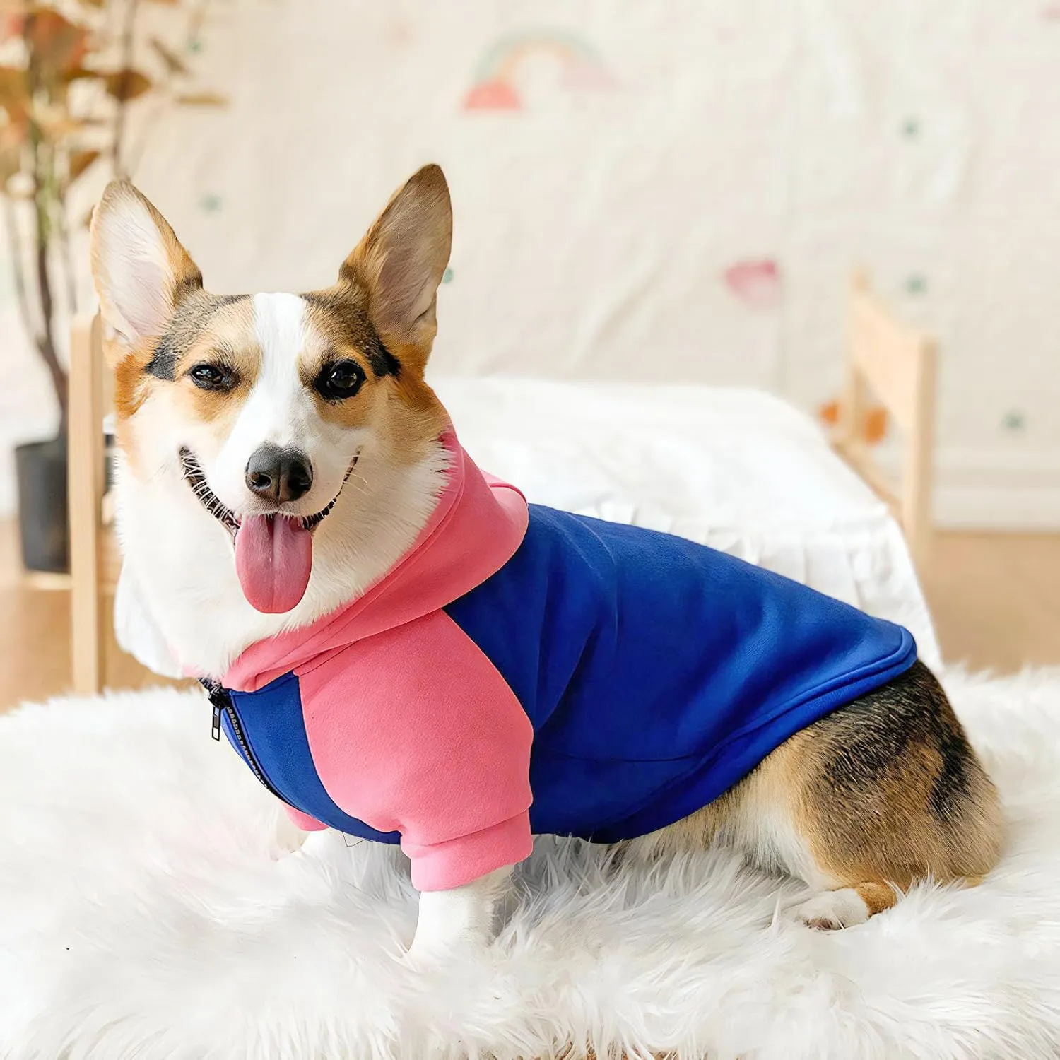 Dog Fleece Sweater Frenchie Clothes French Bulldog Sweater, Frenchie Dog Hoodie Sweatshirt Halloween Costume Winter Coat for Medium Dogs and Cats,Color Blocked,Pink,XL