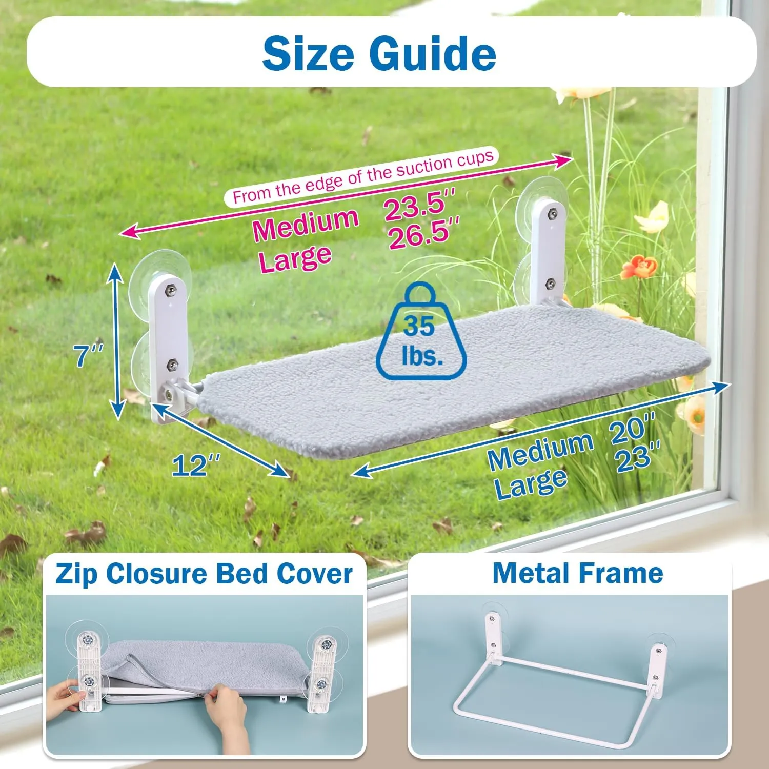Easy Fold Cat Window Perch - Cordless, Fold-Up, Zip Closure Embeded Machine Washable Bed Cover, Robust Metal Frame - Cat Hammock for Window for Large Cats and Kittens (Gray, Medium)
