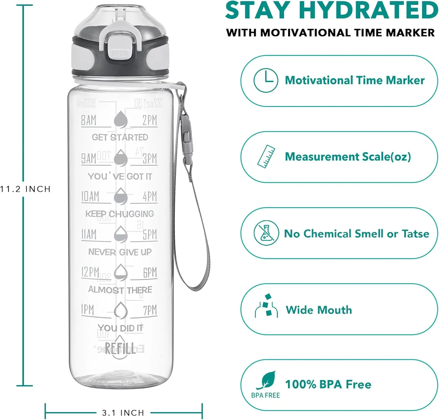 Enerbone 32 oz Water Bottle with Times to Drink and Straw, Motivational Drinking Water Bottles with Carrying Strap, Leakproof BPA & Toxic Free, Ensure You Drink Enough Water for Fitness Gym Outdoor