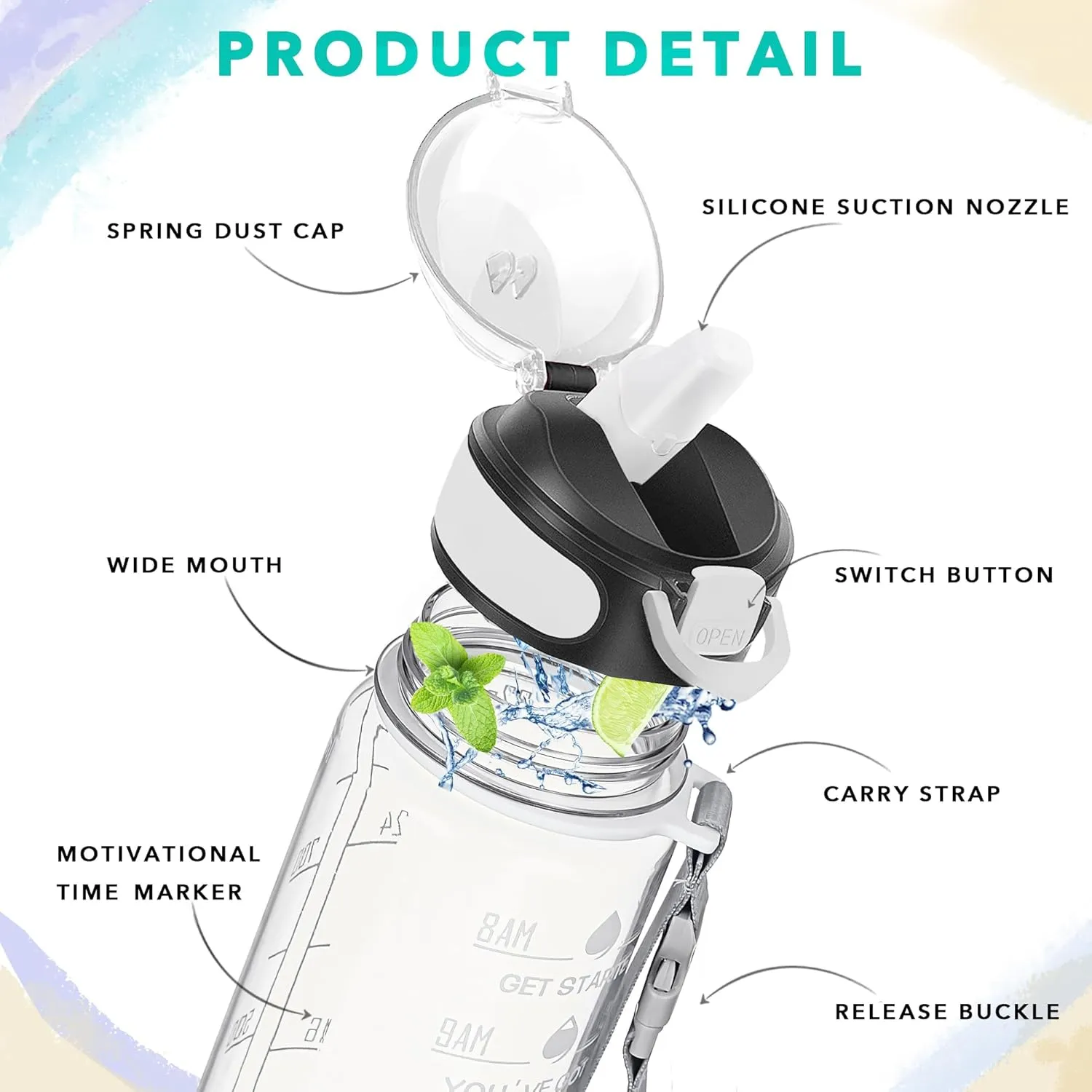 Enerbone 32 oz Water Bottle with Times to Drink and Straw, Motivational Drinking Water Bottles with Carrying Strap, Leakproof BPA & Toxic Free, Ensure You Drink Enough Water for Fitness Gym Outdoor