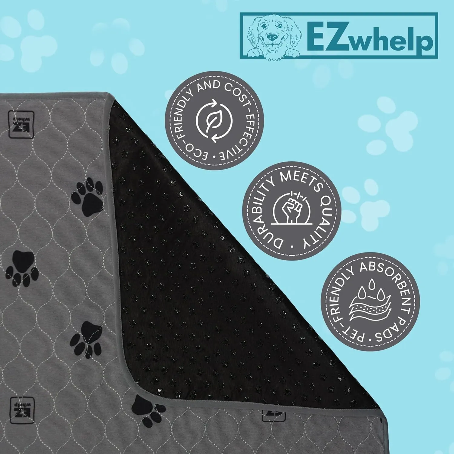 EZwhelp Reusable Quick Dry Pad - Waterproof Pet Pee Pads Washable for Large Dogs - Non-Slip Dog Training Pads, Fast Absorbent - Reusable Potty Pads for Cats and Dogs - 29" x 29" Pack of 2