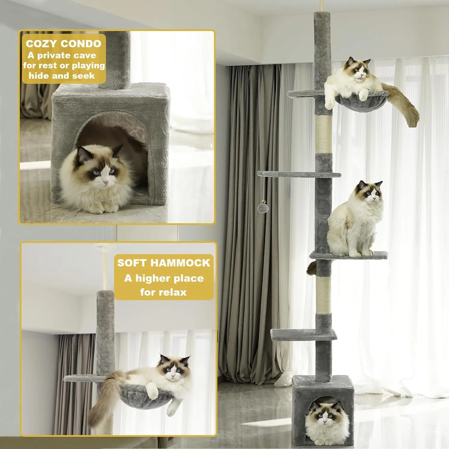 Floor to Ceiling Cat Tree, 5-Tier Height (95-109 inches) - Adjustable Cat Climbing Tower with Sisal Scratching Posts, Cat Condo, Hammock, Platforms, and Hanging Balls