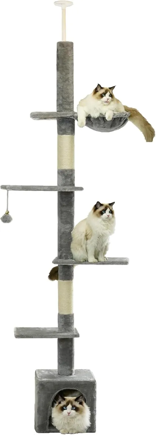 Floor to Ceiling Cat Tree, 5-Tier Height (95-109 inches) - Adjustable Cat Climbing Tower with Sisal Scratching Posts, Cat Condo, Hammock, Platforms, and Hanging Balls