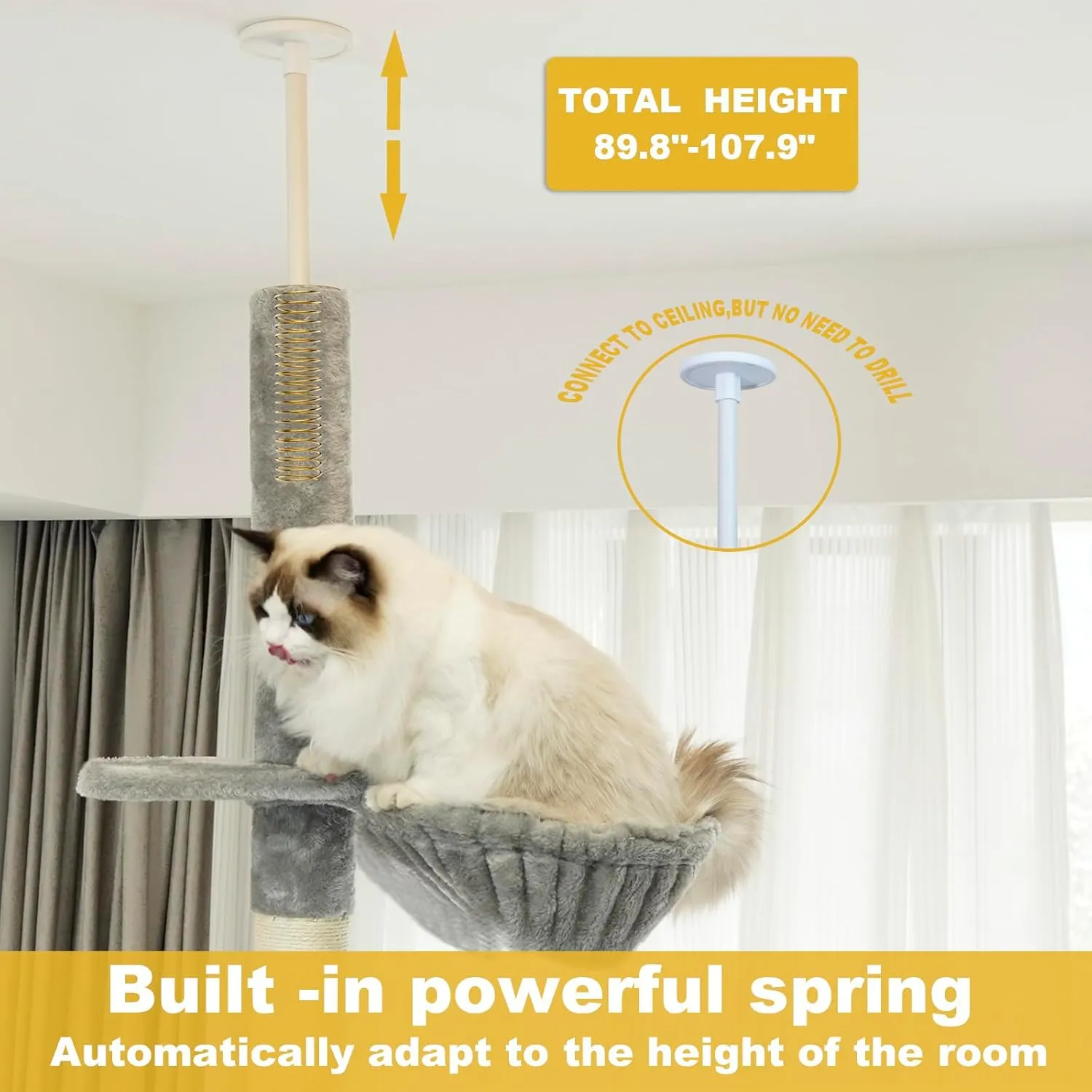 Floor to Ceiling Cat Tree, 5-Tier Height (95-109 inches) - Adjustable Cat Climbing Tower with Sisal Scratching Posts, Cat Condo, Hammock, Platforms, and Hanging Balls