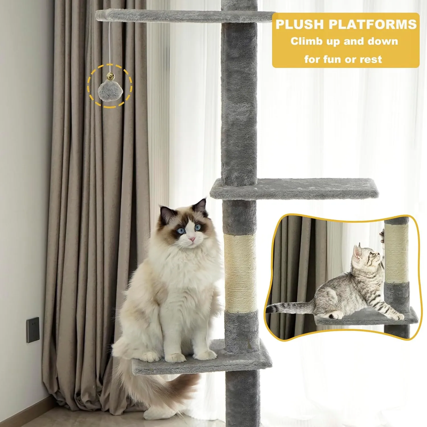 Floor to Ceiling Cat Tree, 5-Tier Height (95-109 inches) - Adjustable Cat Climbing Tower with Sisal Scratching Posts, Cat Condo, Hammock, Platforms, and Hanging Balls