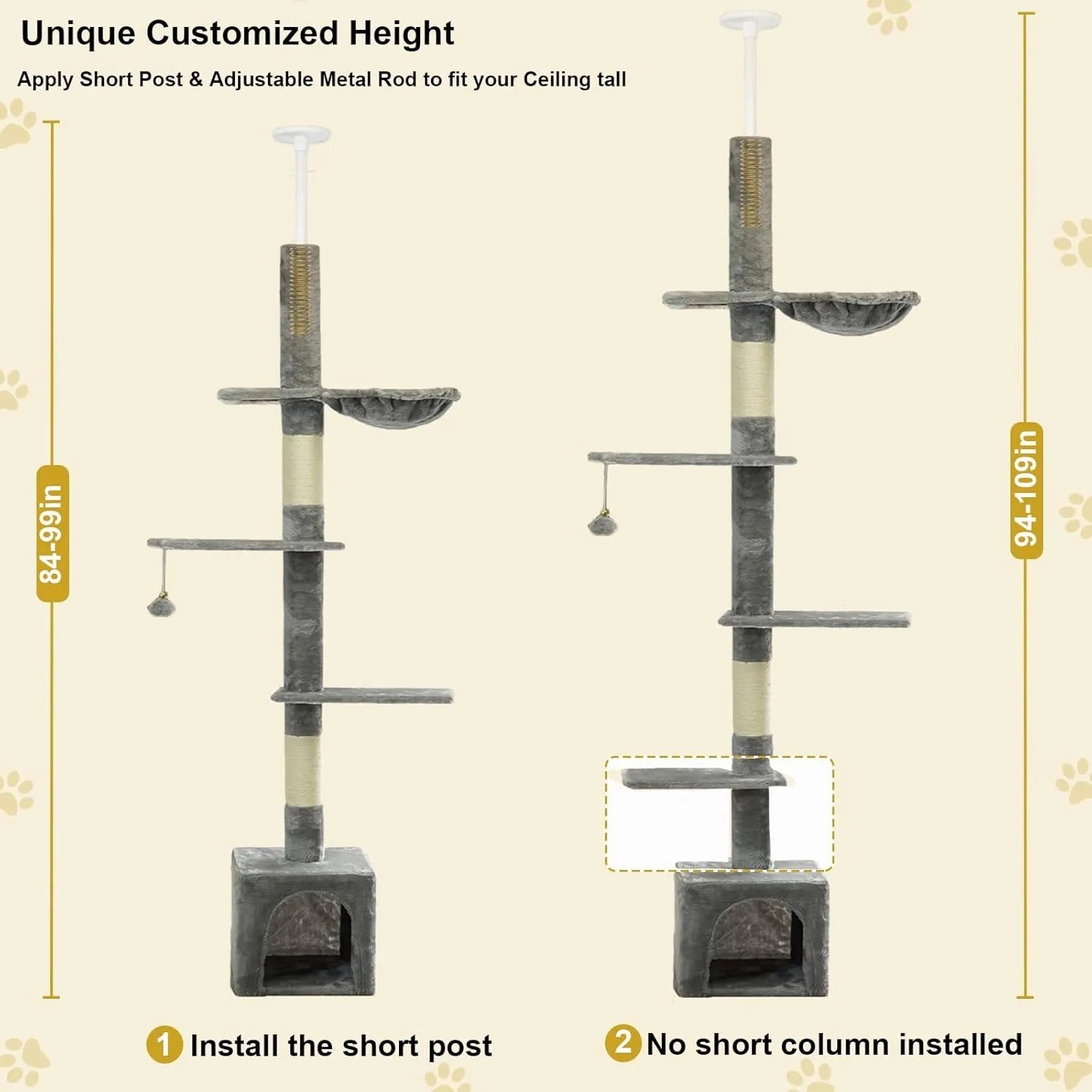 Floor to Ceiling Cat Tree, 5-Tier Height (95-109 inches) - Adjustable Cat Climbing Tower with Sisal Scratching Posts, Cat Condo, Hammock, Platforms, and Hanging Balls