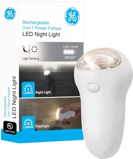 GE 3-in-1 LED Power Failure Night Light, Emergency Flashlight, Plug-In, Rechargeable, Light Sensing, Auto On/Off, Foldable Plug, Soft White, Hurricane, Storm, Tornado, Glossy White Finish, 11281