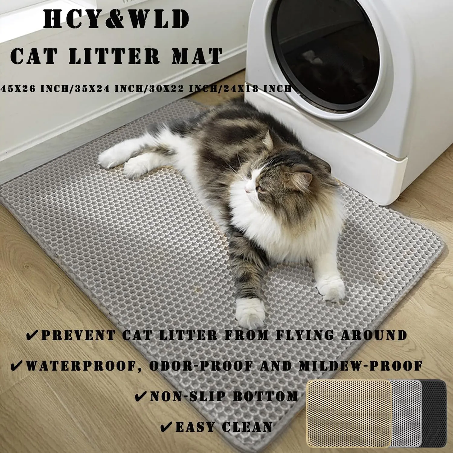 HCY&WLD Cat Litter Mat, 45x26/35x24/30x22/24x18 Inch Double Layer Cat Litter Box Mat, EVA Non-Slip, Waterproof Urine Proof Cat Litter Catcher Mat, Easy Clean Scatter Control (35x24 Inch, Gray)