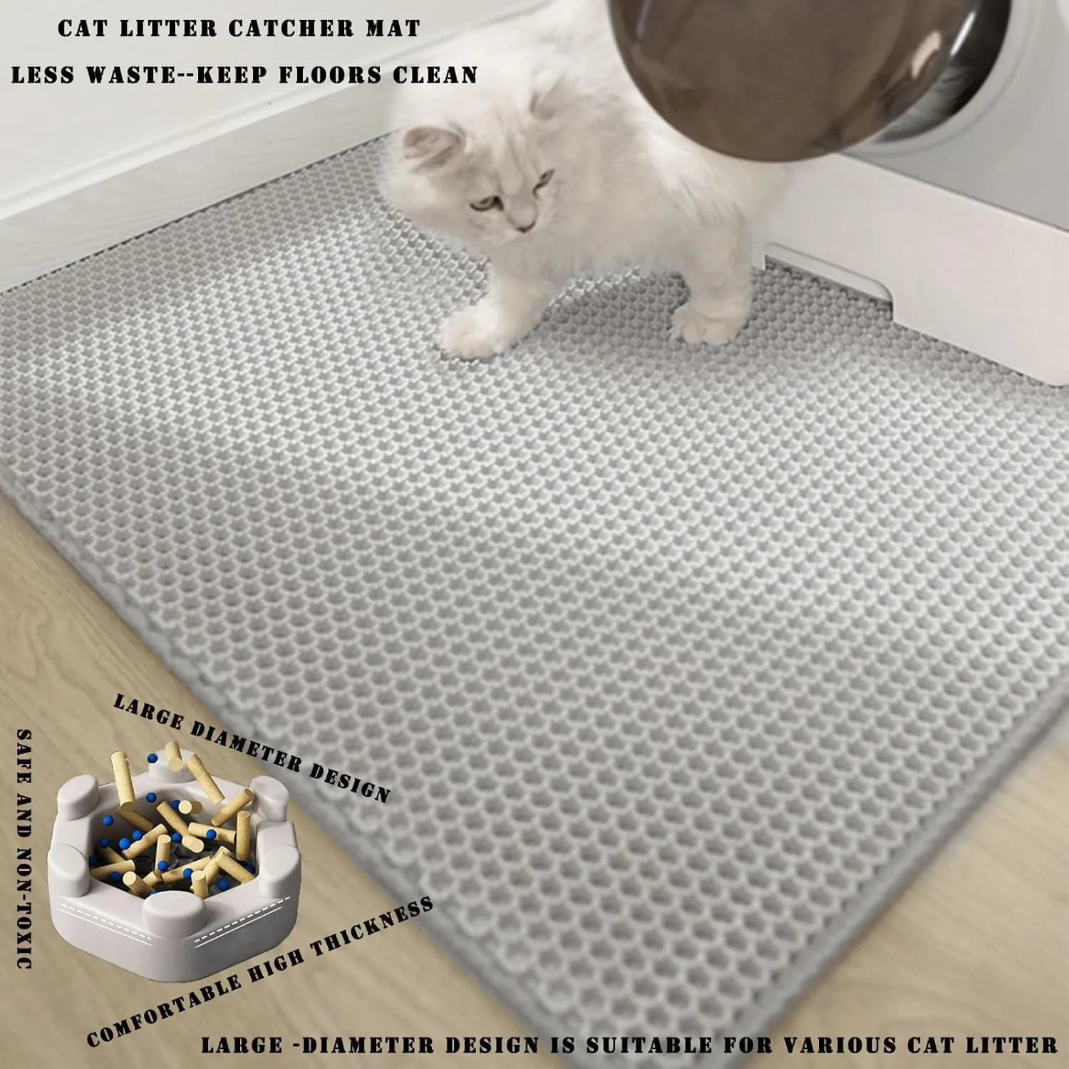 HCY&WLD Cat Litter Mat, 45x26/35x24/30x22/24x18 Inch Double Layer Cat Litter Box Mat, EVA Non-Slip, Waterproof Urine Proof Cat Litter Catcher Mat, Easy Clean Scatter Control (35x24 Inch, Gray)