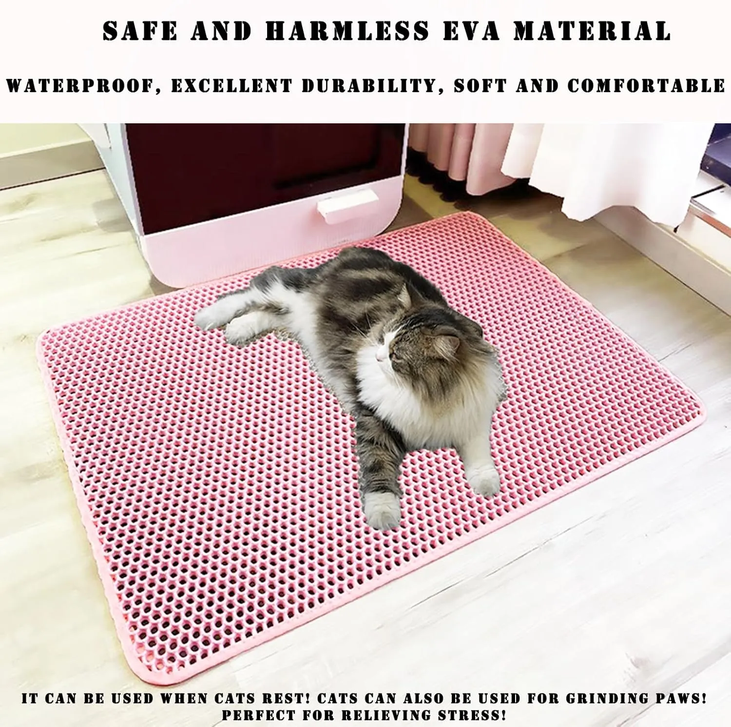 HCY&WLD Cat Litter Mat, Honeycomb Double Layer Cat Litter Trapping Mat, Waterproof Urine Proof Non-Slip, Scatter Control, Less Waste, Easier to Clean (Pink, 45" X 26")