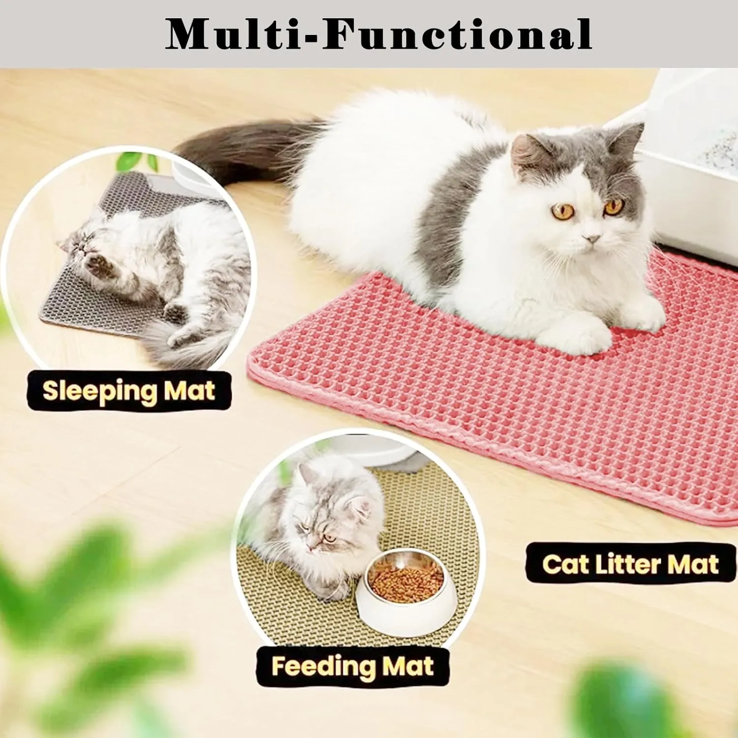 HCY&WLD Cat Litter Mat, Honeycomb Double Layer Cat Litter Trapping Mat, Waterproof Urine Proof Non-Slip, Scatter Control, Less Waste, Easier to Clean (Pink, 45" X 26")