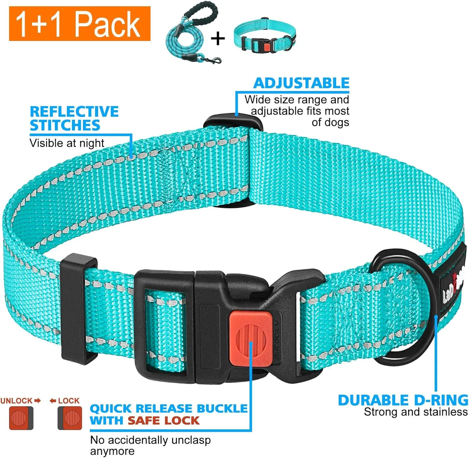 Heavy Duty Dog Leash - Comfortable Padded Handle, 5 ft Long - Dog Leashes for Small Medium Large Dogs (Leash Collar M Neck 16"-20", Blue)