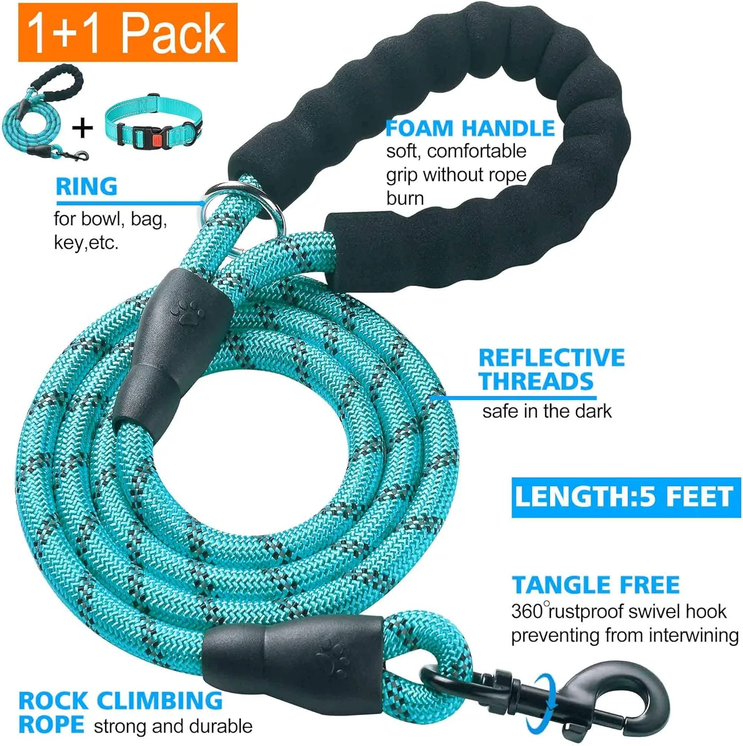 Heavy Duty Dog Leash - Comfortable Padded Handle, 5 ft Long - Dog Leashes for Small Medium Large Dogs (Leash Collar M Neck 16"-20", Blue)