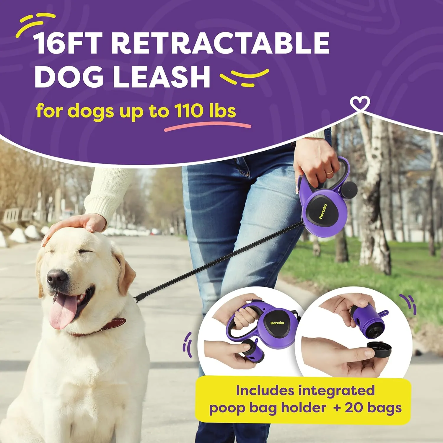 Hertzko Leash with Integrated Bag Dispenser - Purple and Black, 16 Foot, Up to 110lbs - Small, Medium & Large Dogs, Heavy Duty Purple Leash with Thick Rope, Retractable Dog Leash with Poop Bag Holder