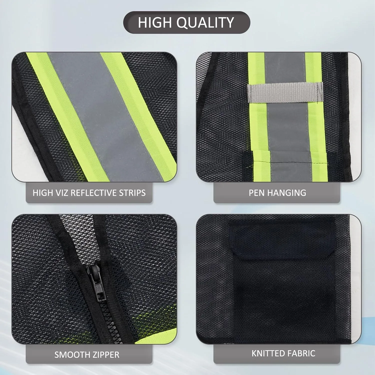 High Visibility Reflective Safety Vest with Zipper and Pockets Translucent Black,M