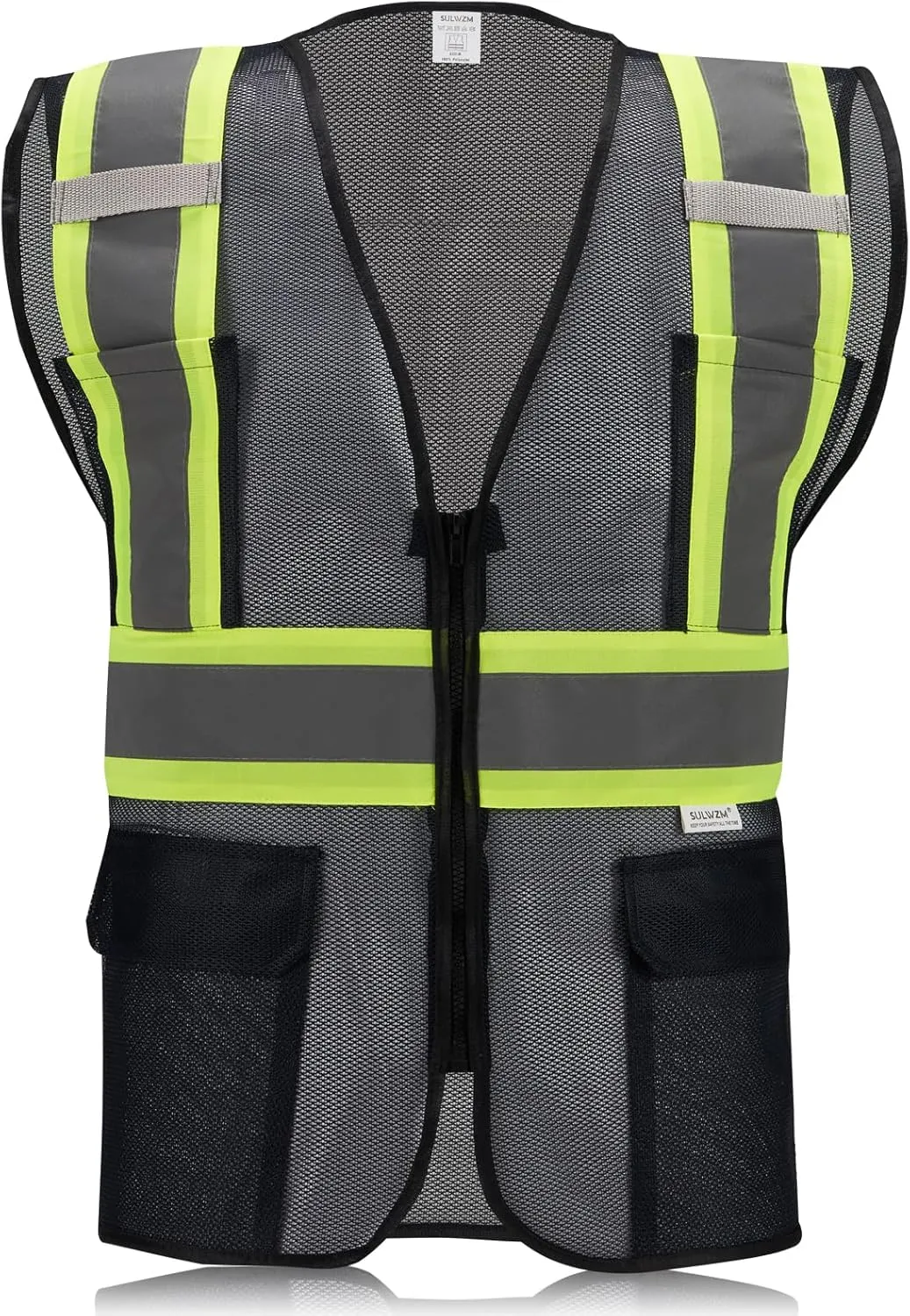 High Visibility Reflective Safety Vest with Zipper and Pockets Translucent Black,M
