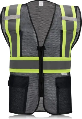High Visibility Reflective Safety Vest with Zipper and Pockets Translucent Black,M