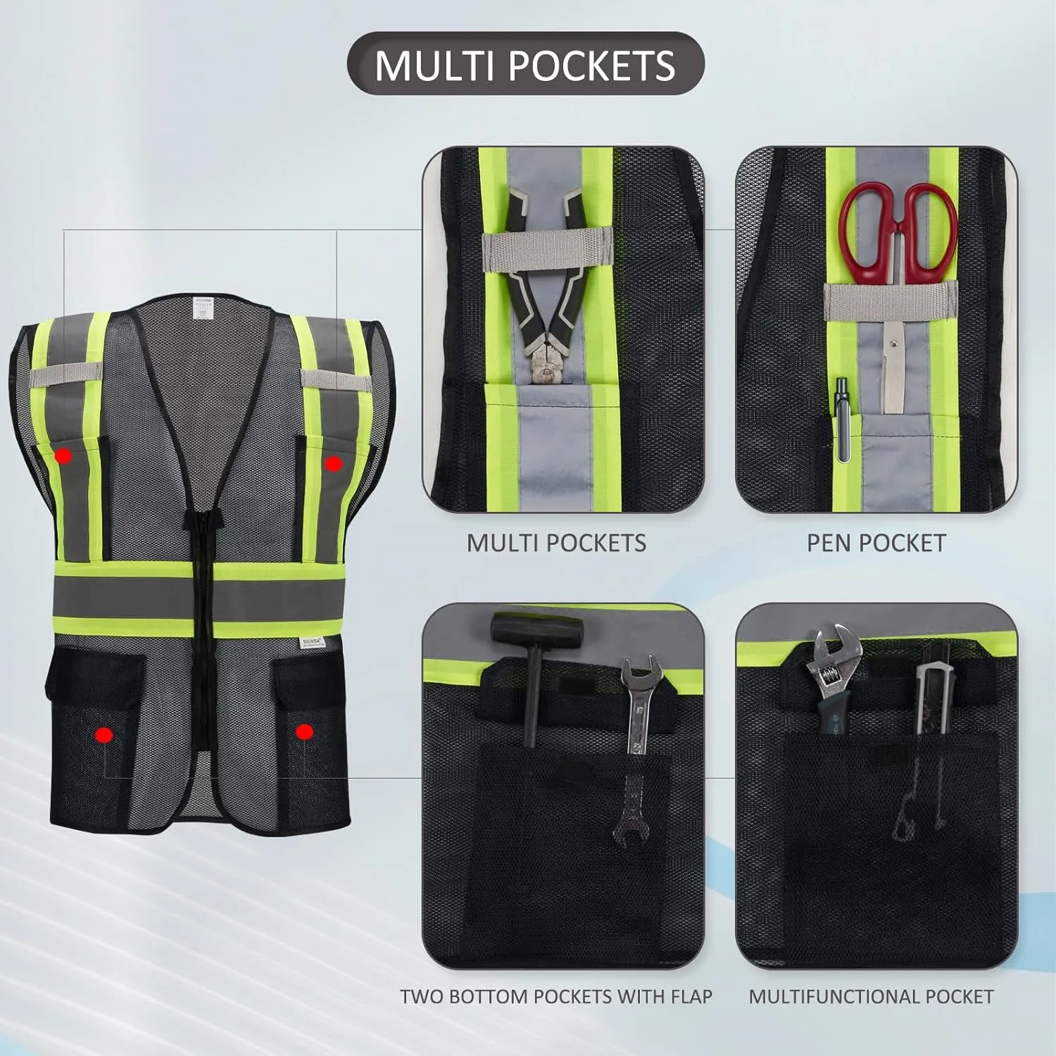 High Visibility Reflective Safety Vest with Zipper and Pockets Translucent Black,M