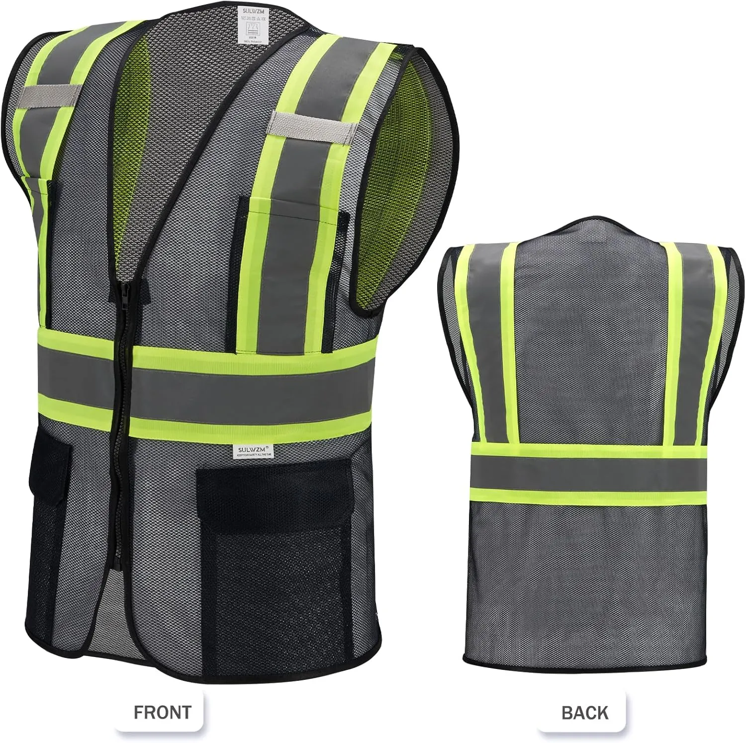 High Visibility Reflective Safety Vest with Zipper and Pockets Translucent Black,M