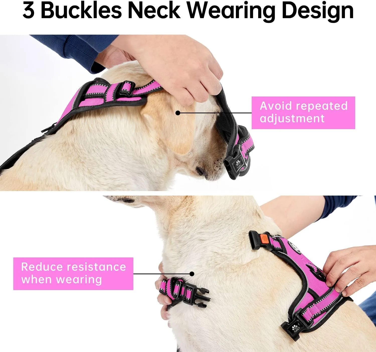 IVY&LANE No Pull Dog Harness for Large Dogs, Dog Vest Harness with Leash, Safety Belt and Storage Strap, Fully Adjustable Harness, 360 Reflective Strip, Soft Handle (Fuchsia Pink, L)