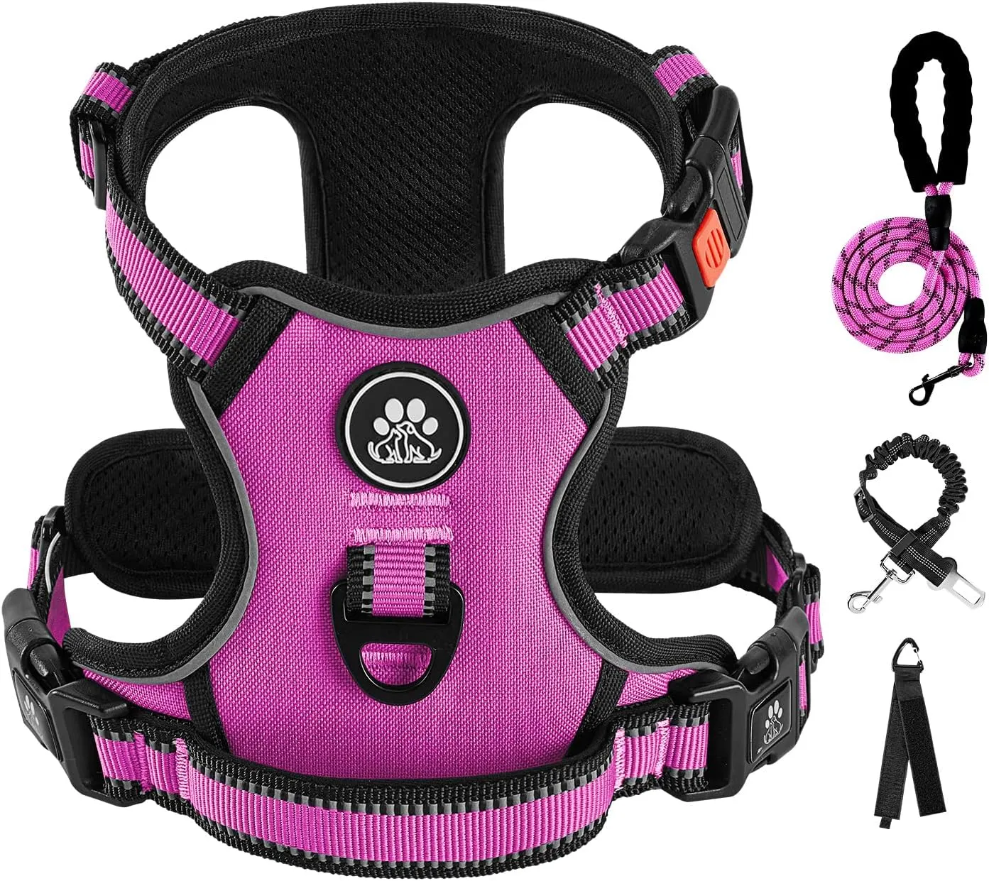 IVY&LANE No Pull Dog Harness for Large Dogs, Dog Vest Harness with Leash, Safety Belt and Storage Strap, Fully Adjustable Harness, 360 Reflective Strip, Soft Handle (Fuchsia Pink, L)