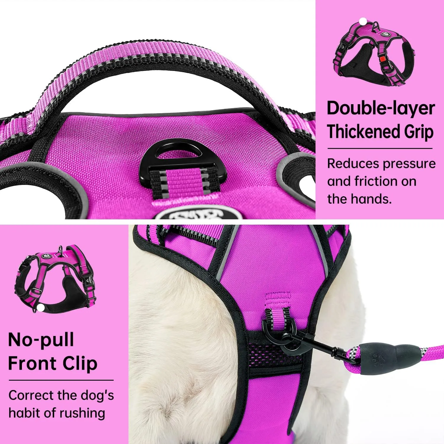 IVY&LANE No Pull Dog Harness for Large Dogs, Dog Vest Harness with Leash, Safety Belt and Storage Strap, Fully Adjustable Harness, 360 Reflective Strip, Soft Handle (Fuchsia Pink, L)