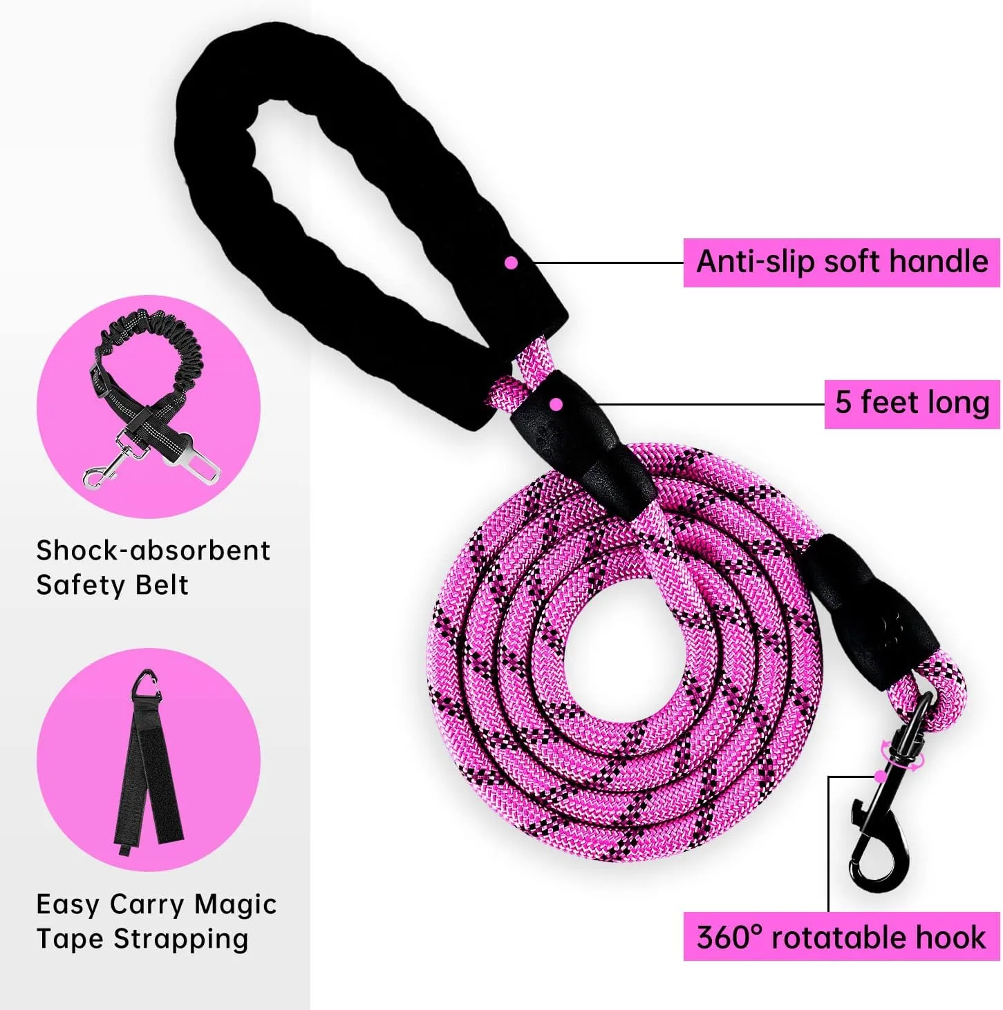 IVY&LANE No Pull Dog Harness for Large Dogs, Dog Vest Harness with Leash, Safety Belt and Storage Strap, Fully Adjustable Harness, 360 Reflective Strip, Soft Handle (Fuchsia Pink, L)