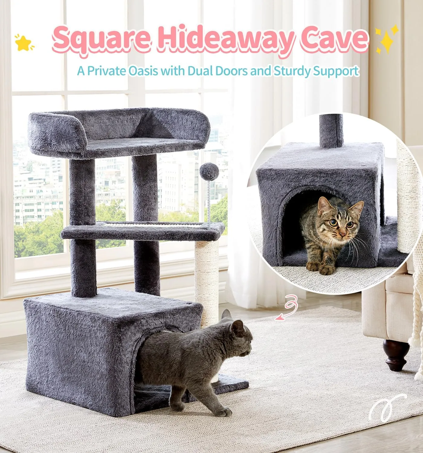 Made4Pets Cat Tree, Multi-Level Small Cat Tower for Indoor Cats, 29" Tall Cute Kitten Scratcher Condo with Sisal Scratching Post and Pad Steps, Plush Cat Cave with Pom-Pom for Small Kitty, Dark Grey