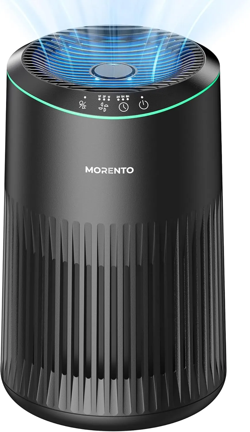 MORENTO Air Purifiers for Home, Air Purifier for Smoke Pet Dander Odors with Fragrance Sponge, Small Air Purifier with Sleep Mode for Bedroom Office, Blue Ambient Light, MR2566, Black, 1 Pack 3 Modes