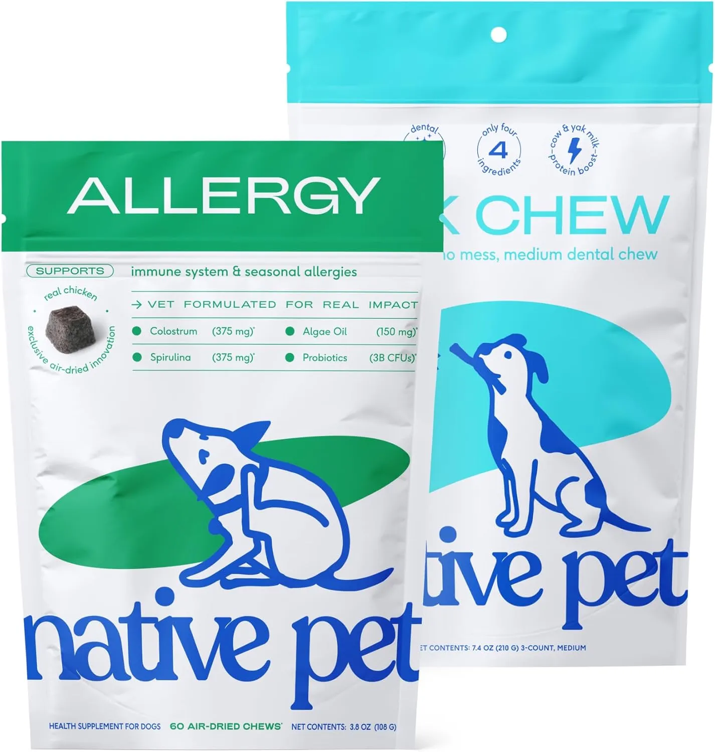 Native Pet Allergy Chews (60 Air-Dried Chews) & Yak Chew (3 Medium Chews) - All Natural Dental Sticks Made with Yak Cheese - Soothing Itchy Skin & Digestive Support