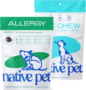 Native Pet Allergy Chews (60 Air-Dried Chews) & Yak Chew (3 Medium Chews) - All Natural Dental Sticks Made with Yak Cheese - Soothing Itchy Skin & Digestive Support