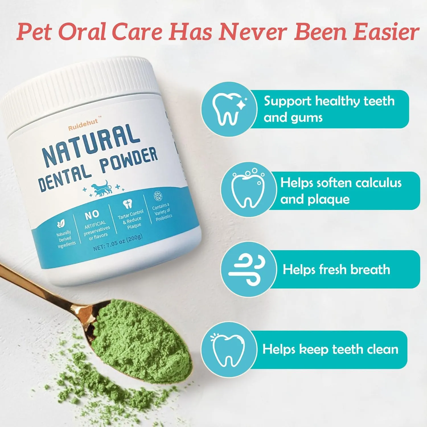 Natural Dog Dental Powder - Teeth Cleaning Powder - Removes Plaque and Tartar - Breath Freshener - Contains Probiotics to Fight Bad Breath - Large Size for Multi-Dog Households (7.05 Oz)